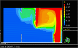 SMARTFIRE V2.0 generated 3D fire simulation of a fire in a complex building.  Temp contours are depicted.  Animation is fixed in time and moves  through the building from right to left. The building is the same as that shown to the left.